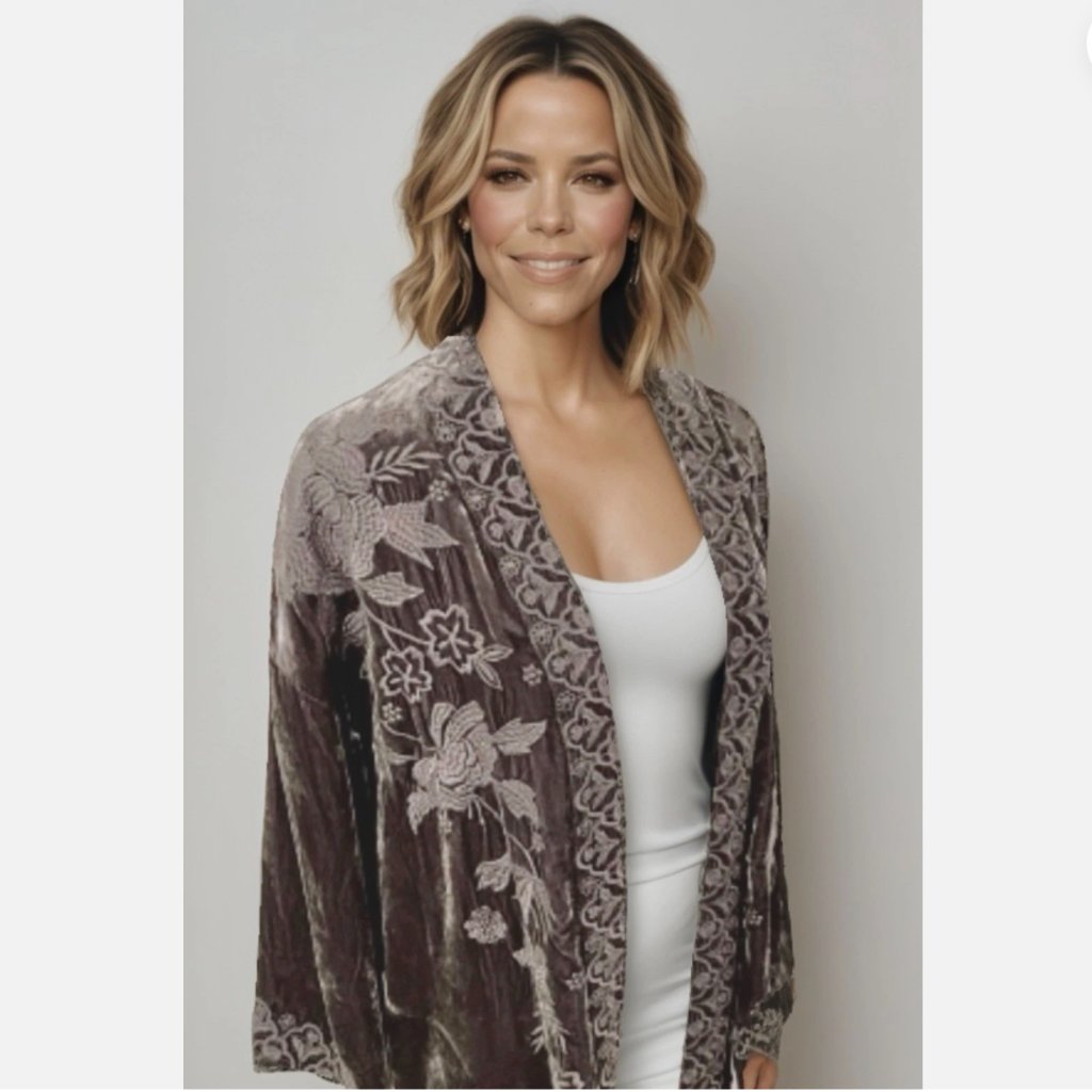 Johnny Was Gray Velvet Embroidered Cardigan